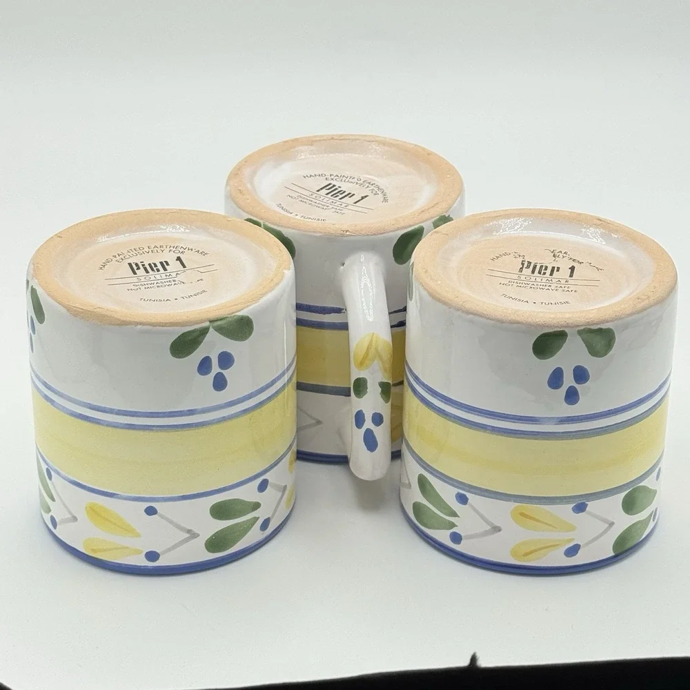 Pier 1 Solimar Mug Set‎ 3 Hand Painted Tunisia Blue Yellow Mediterranean Floral